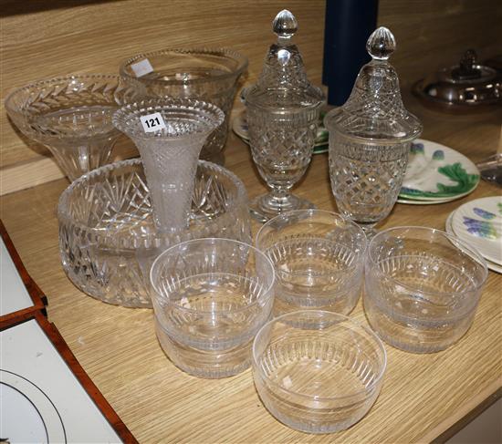 Seven finger bowls and other glass side plates, dessert glasses etc. and cut glass vases and bowls